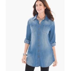 Chico's Denim Chambray Button Up Dress Shirt Size M
